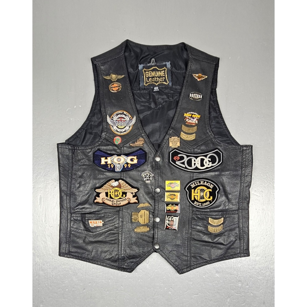Vintage Harley Davidson Leather Vest Mens 40 Patch Loaded HOG, Rallies 1999 2000